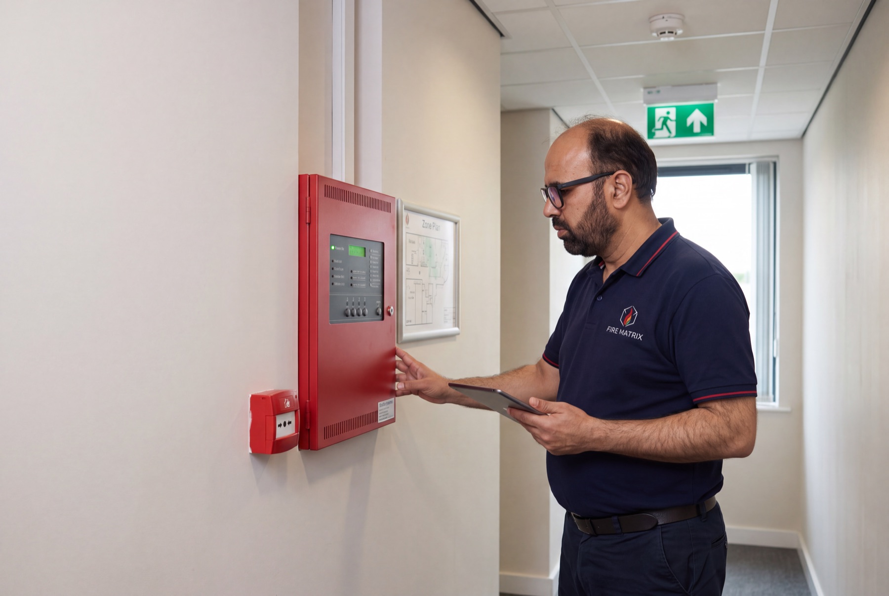 Nazir Ahmad reviewing a red fire alarm control panel and zone plan while recording findings on a tablet