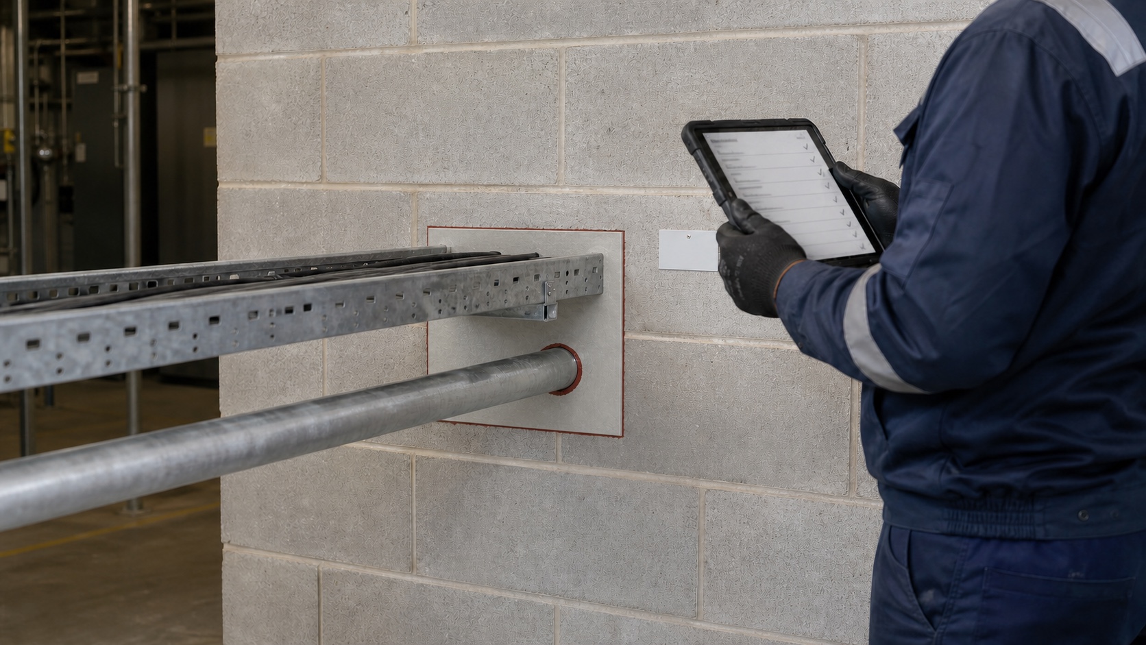Fire stopping remedial work being checked and recorded by a specialist contractor