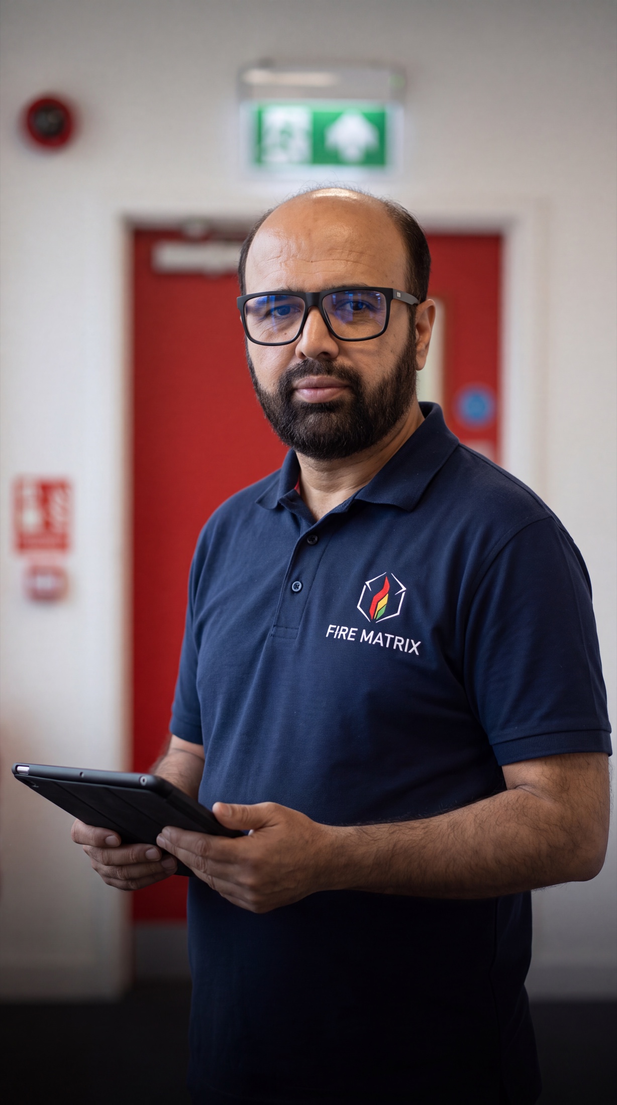 Nazir Ahmad holding an inspection tablet at a Fire Matrix site visit